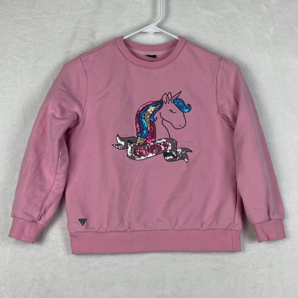 Guess Unicorn Sweater Girls Medium Pink Crewneck Pullover Sequin Casual